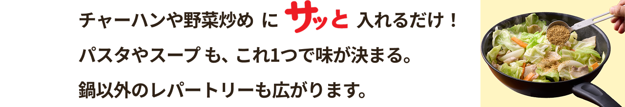 チャーハンや野菜炒めにサッと入れるだけ!パスタやスープも,これ1つで味が決まる。鍋以外のレパートリーも広がります。